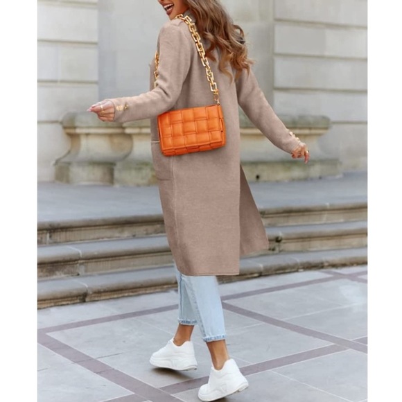 Khaki Open Front Cable Knit Cardigan Sweaters Oversized - Picture 3 of 5